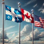 Drapeaux du Québec, du Canada et des États-Unis au vent avec un ciel nuageux à l'arrière.